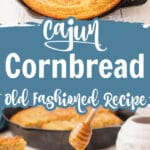 two images of a cajun cornbread one in the pan and one dished out