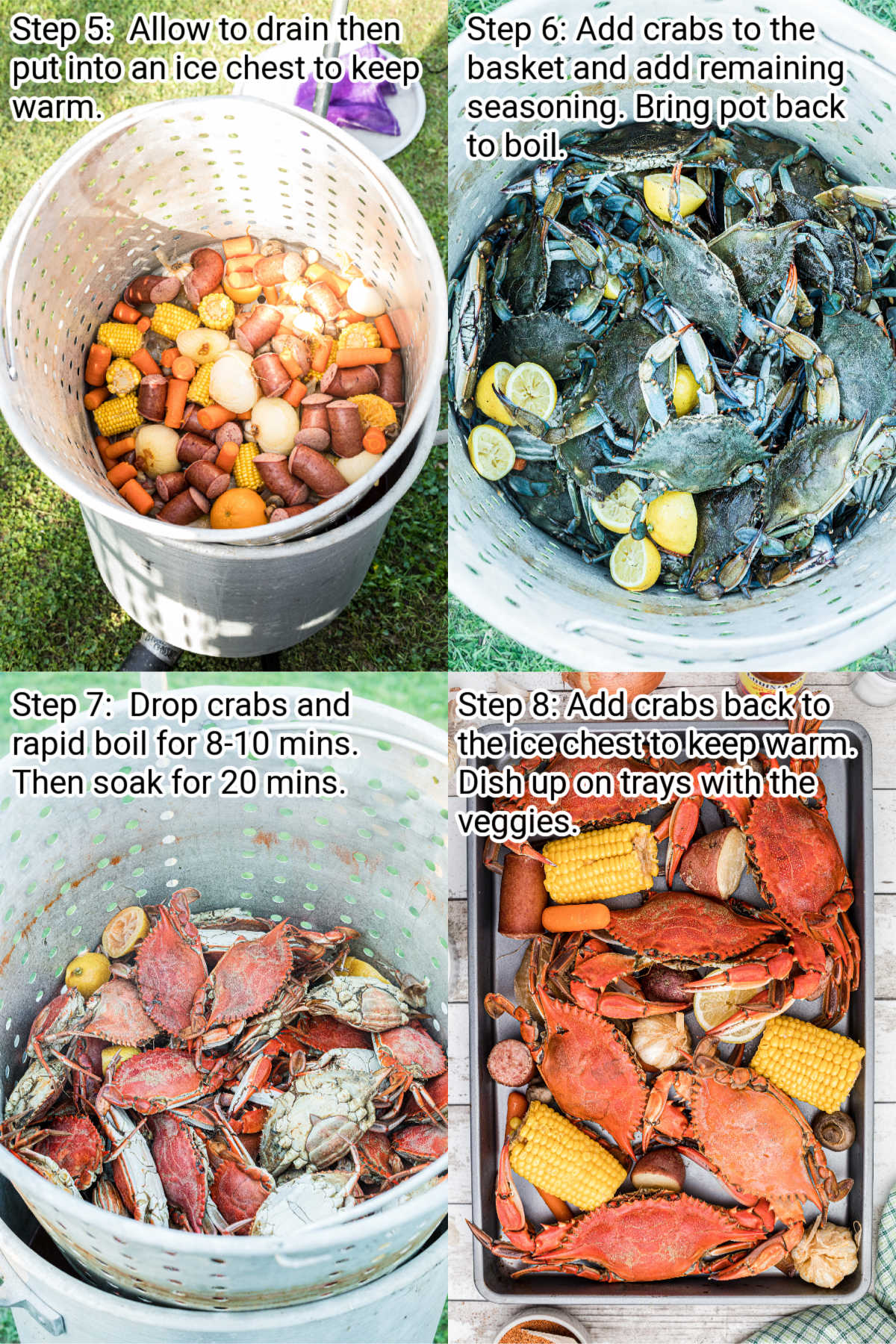 four images showing recipe steps on how to boil cajun crabs