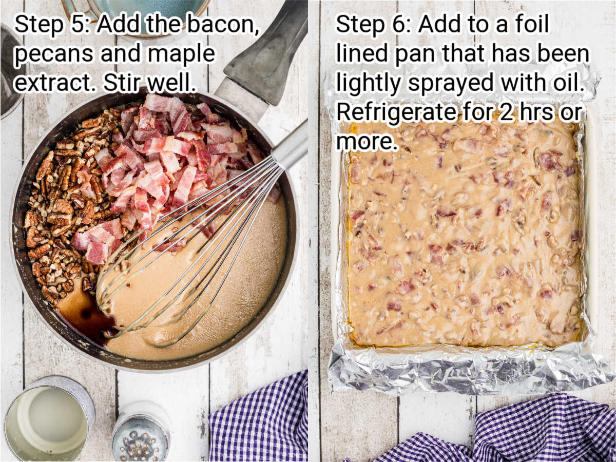 two images side by side showing steps for how to make maple bacon fudge
