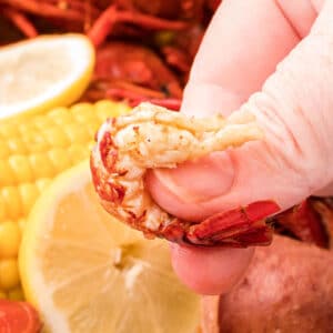 peeled crawfish in fingers