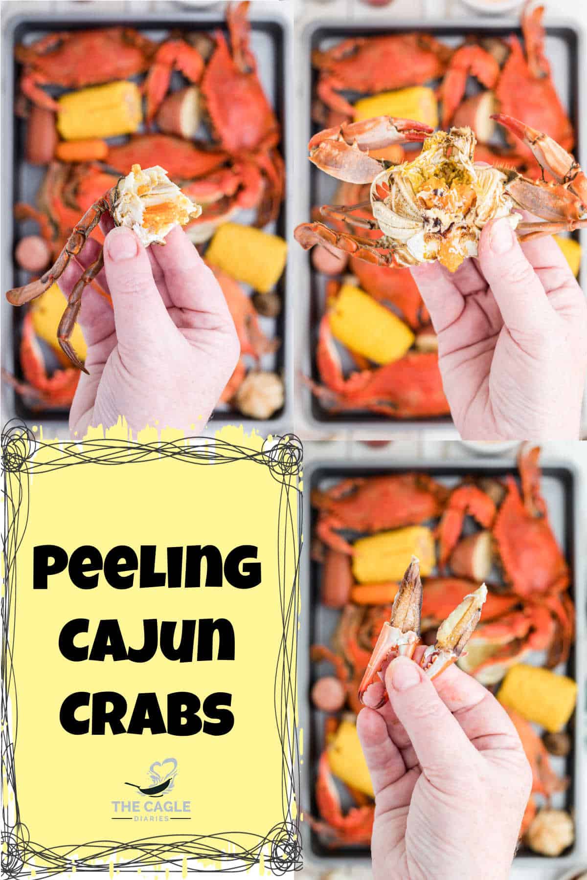 3 images showing the different peeling areas of where to get crab meat out