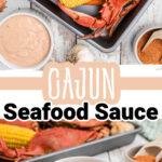 Two images of seafood sauce with boiled crabs in the background