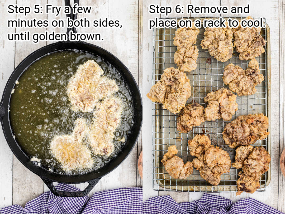 two images showing how to fry venison cutlets