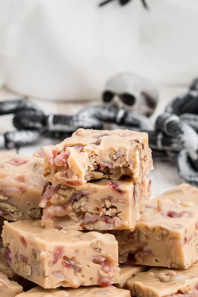 Voodoo Fudge with some skulls in the background for halloween decorations.