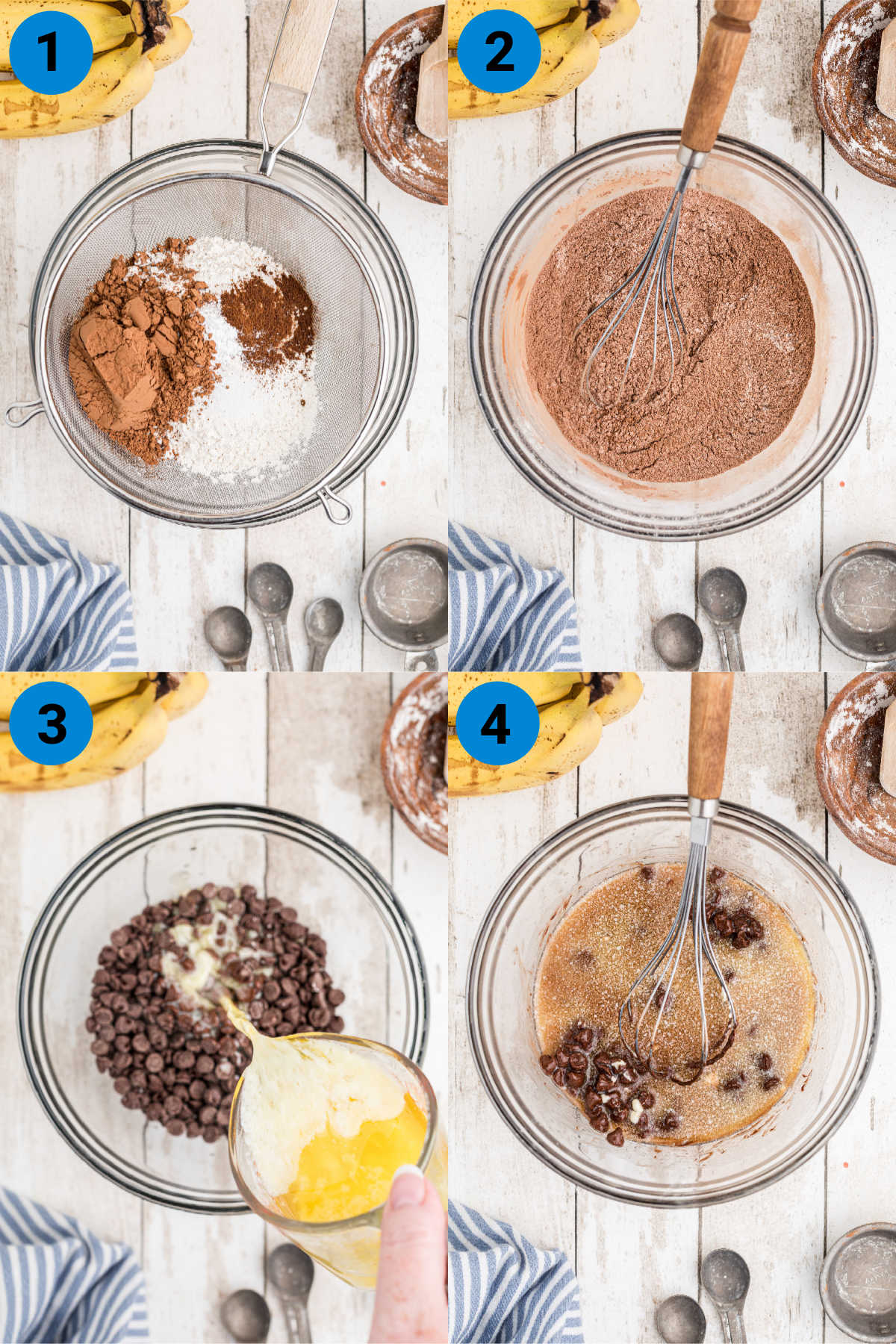 four images showing process steps on how to make banana brownies, this is steps 1-4