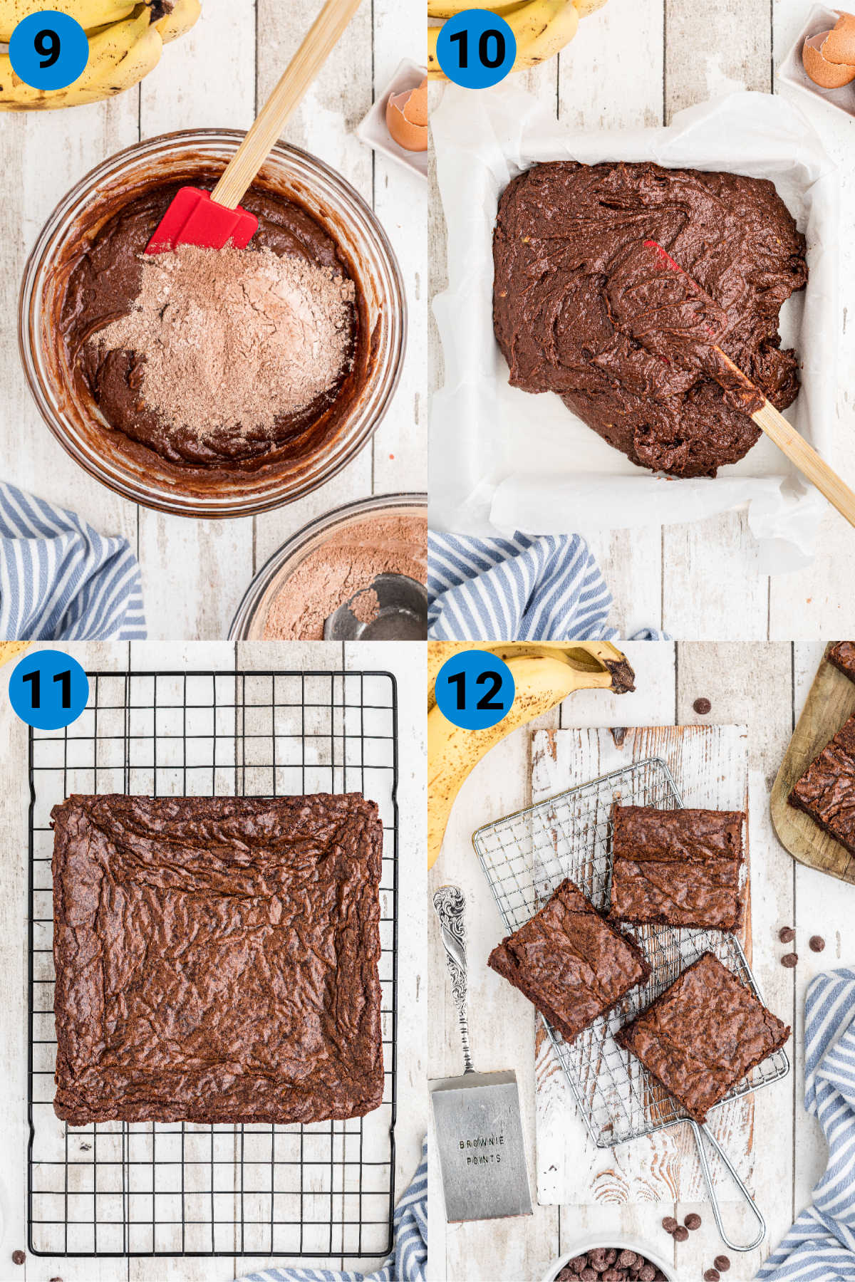 four images showing the process used to make banana brownies - this is recipe steps 9-12