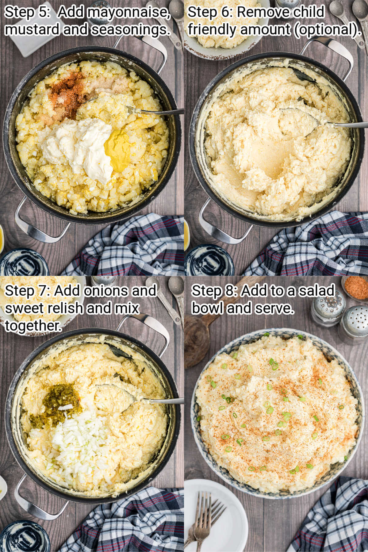 four images showing how to make a cajun potato salad steps 5-8