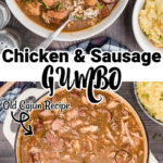 two images, one of a large pot of chicken and sausage gumbo the other of a dished out bowl of the gumbo with some rice.
