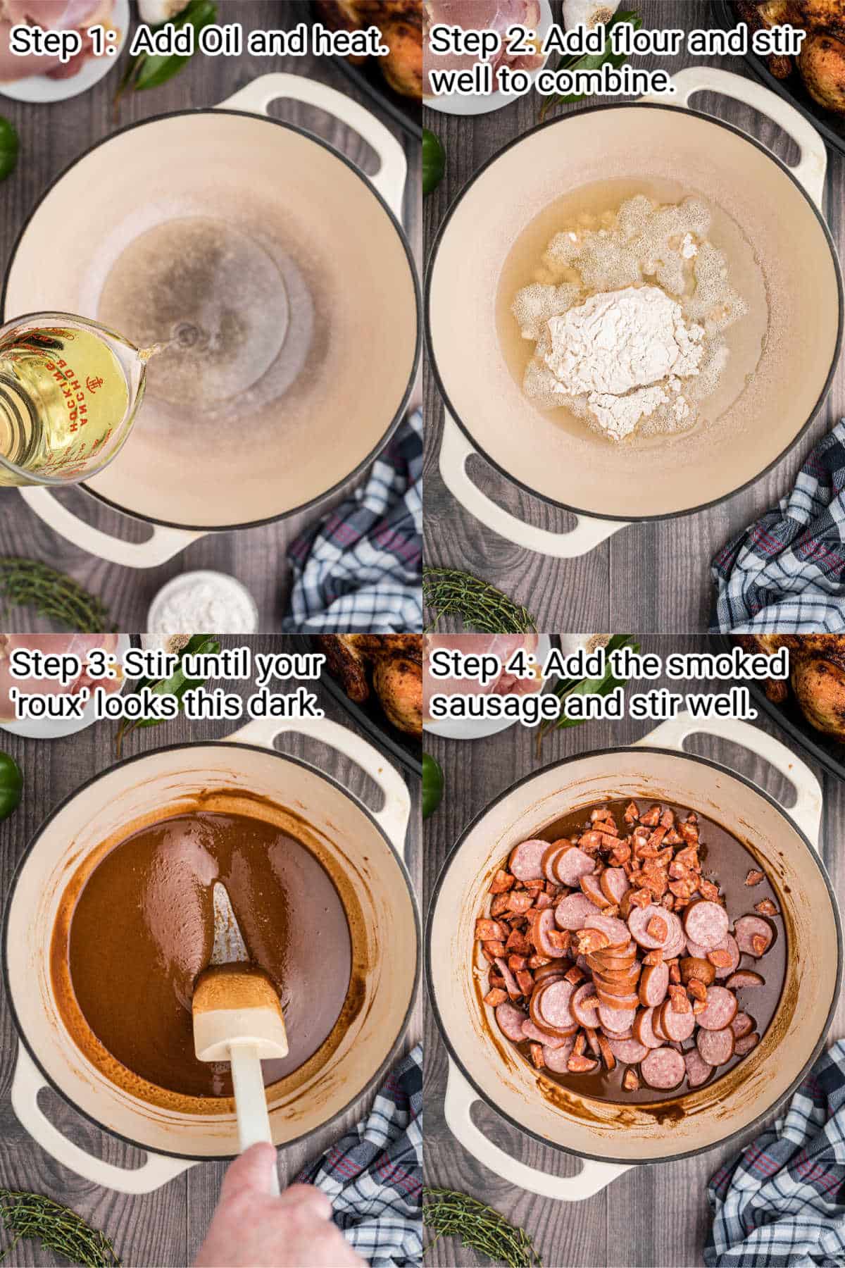 four images showing steps of how to make a chicken and sausage gumbo, this is steps 1 through 4