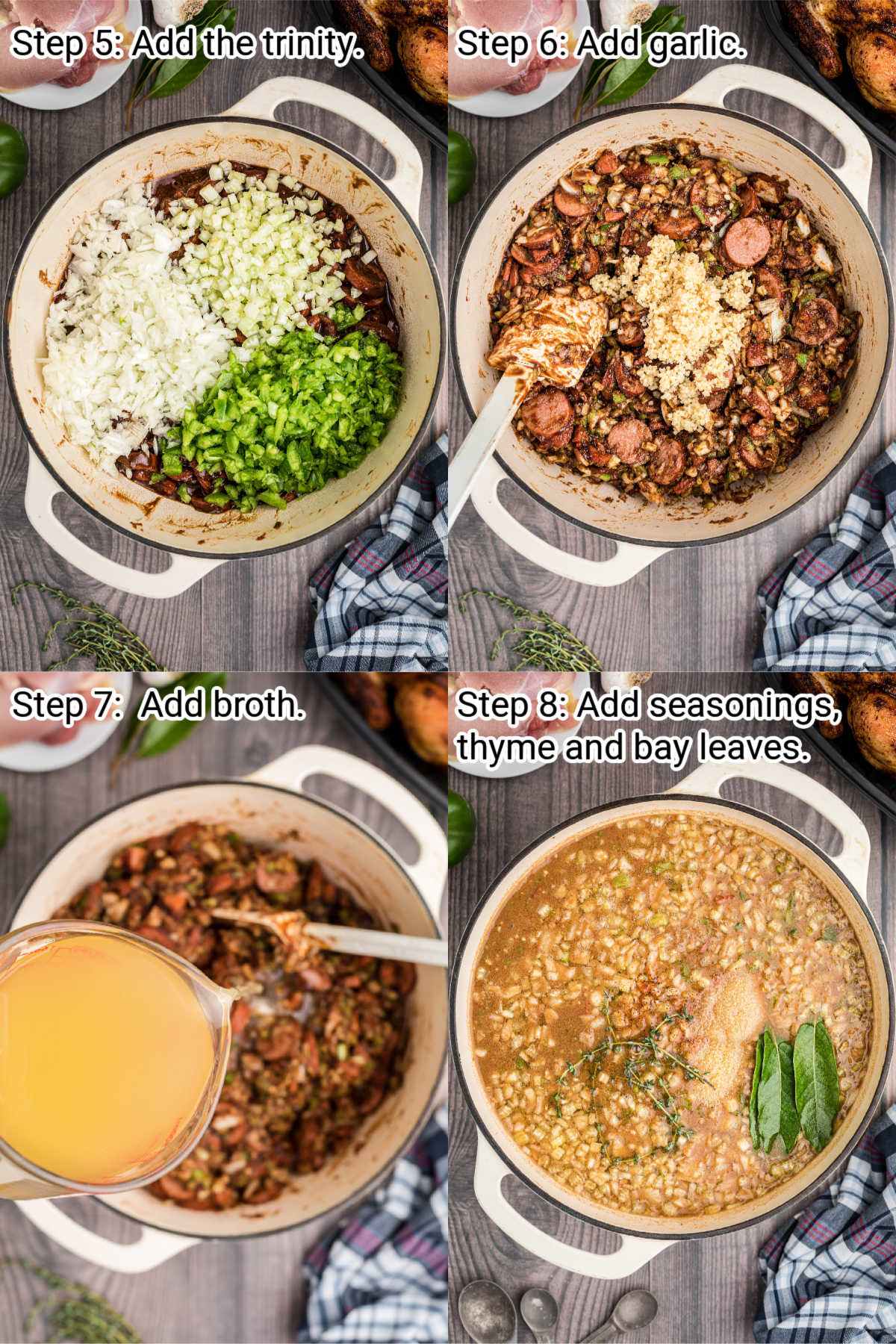 four images showing steps of how to make a chicken and sausage gumbo, this is steps 5 through 8.