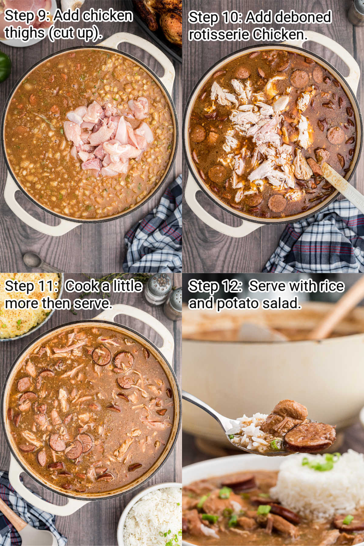 four images showing steps of how to make a chicken and sausage gumbo, this is steps 9 through 12.