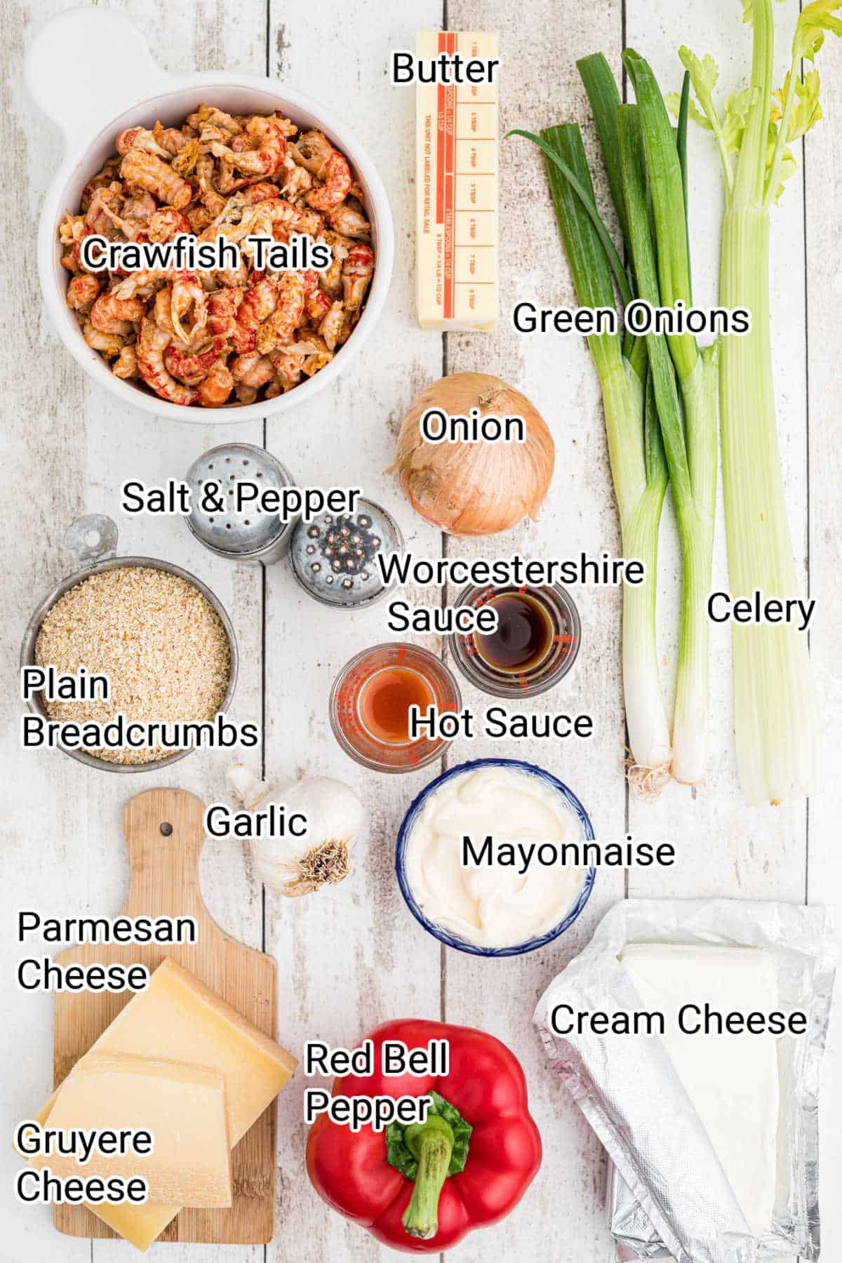 ingredients laid out showing what is needed for a crawfish dip