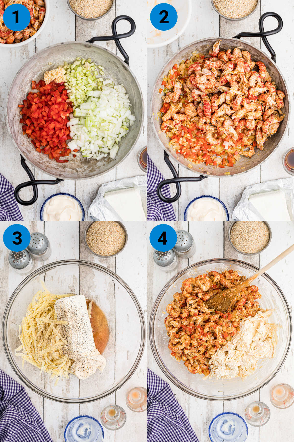 four images showing process steps on how to make a crawfish dip - this is process steps 1-4