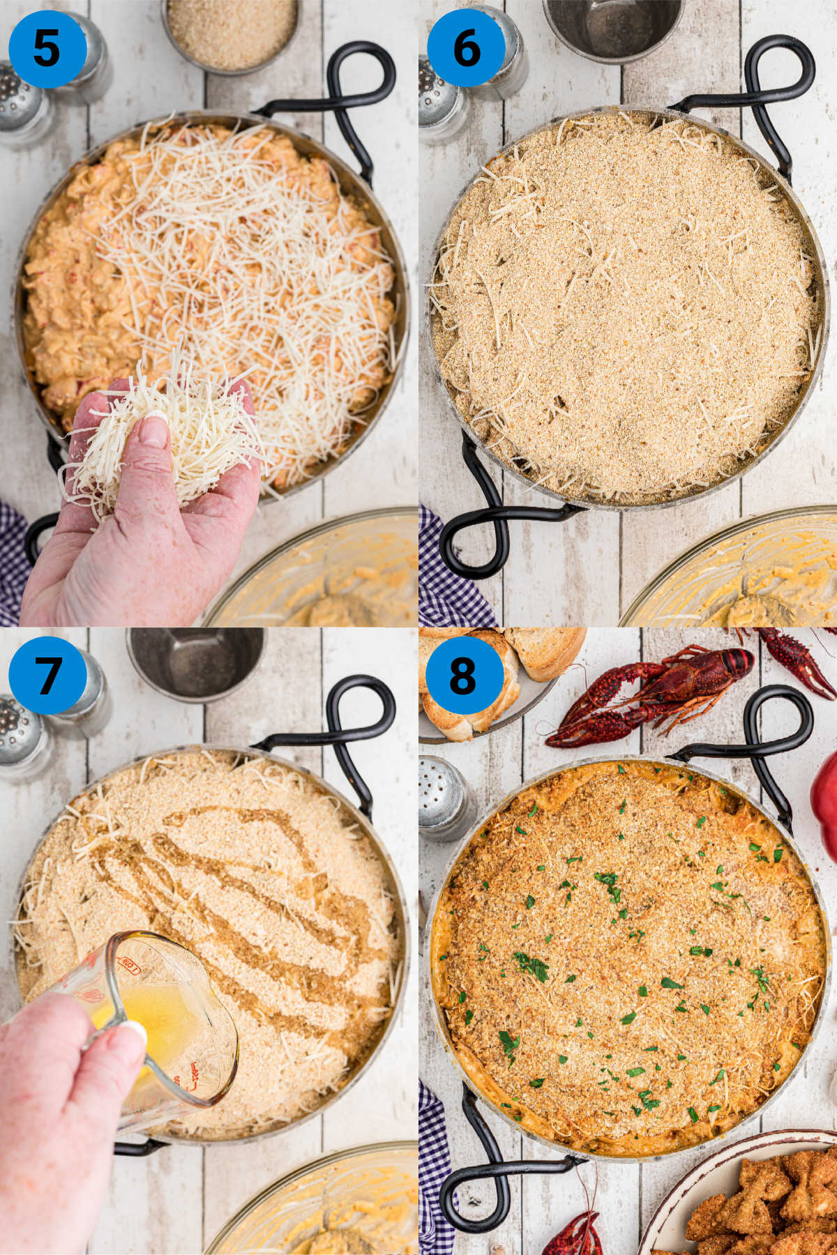four images showing process steps how to make a crawfish dip process steps 5-8