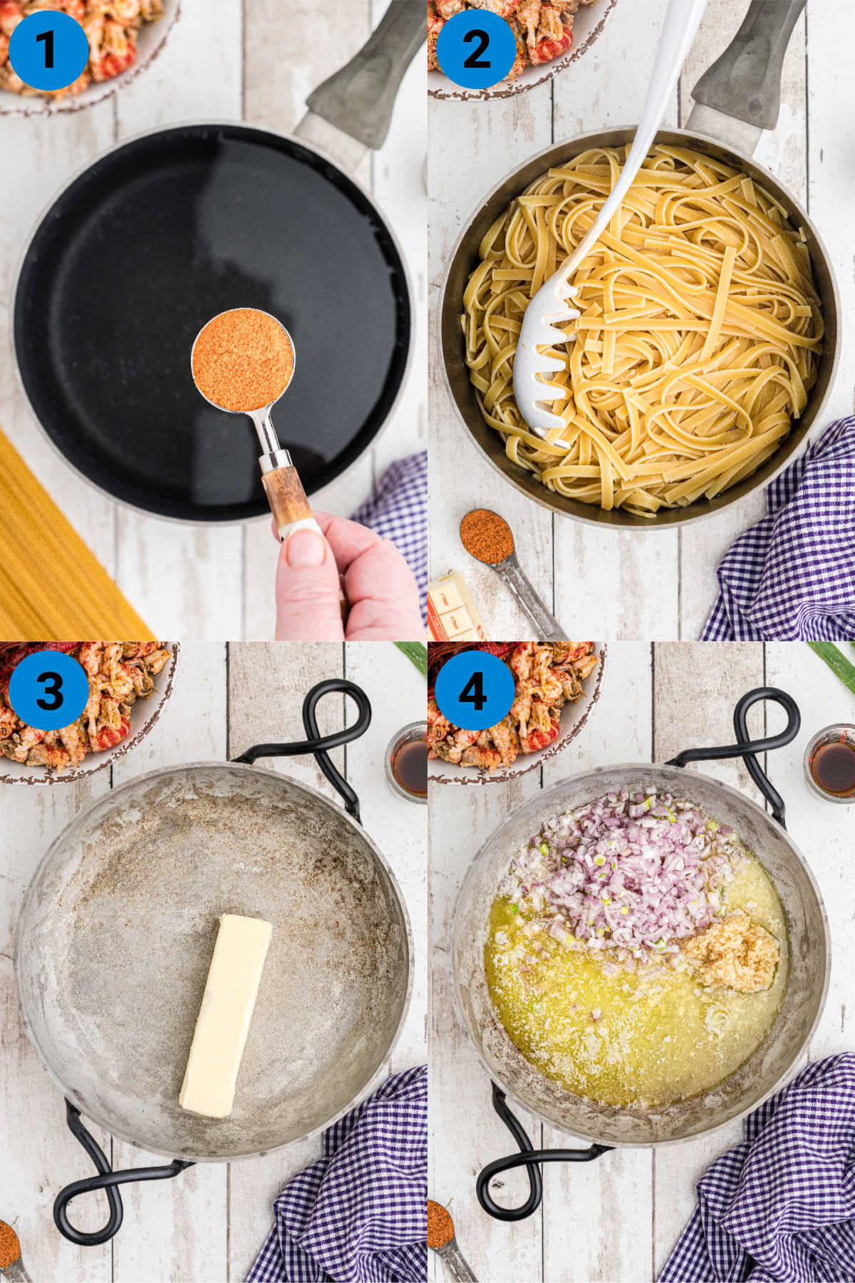 four images showing how to make a crawfish fettuccine with the different steps 1-4 and ingredients