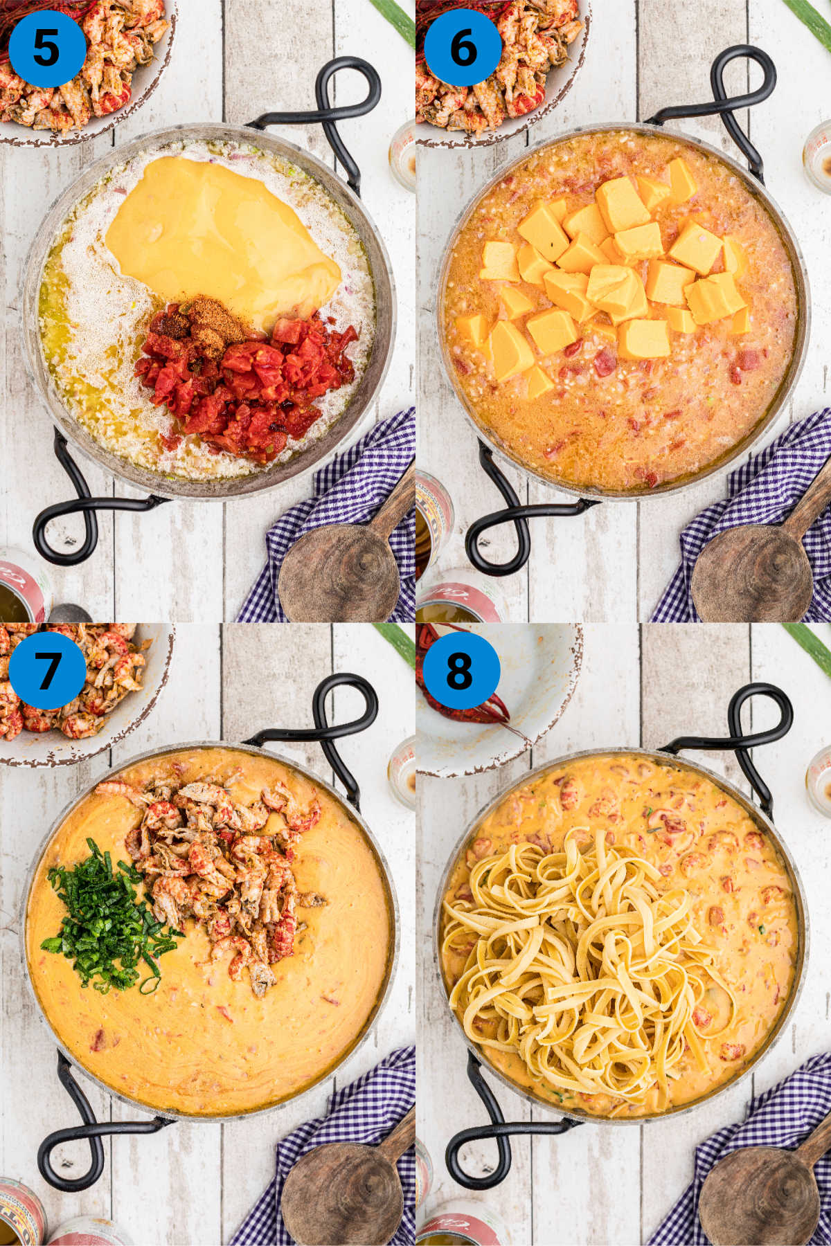 four images of a skillet each one showing different recipe steps for making crawfish fettuccine