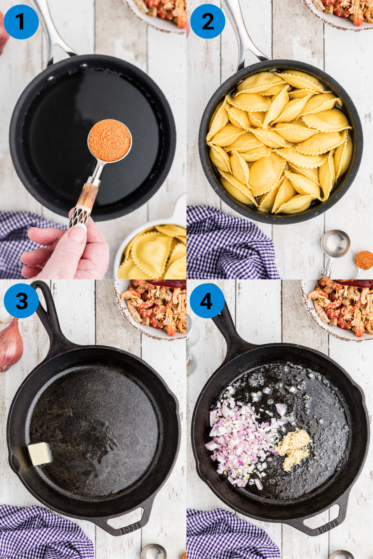 step by step images - four in total - showing how to make a crawfish ravioli recipe
