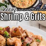 Long collage with 2 images of Creole shrimp and grits.
