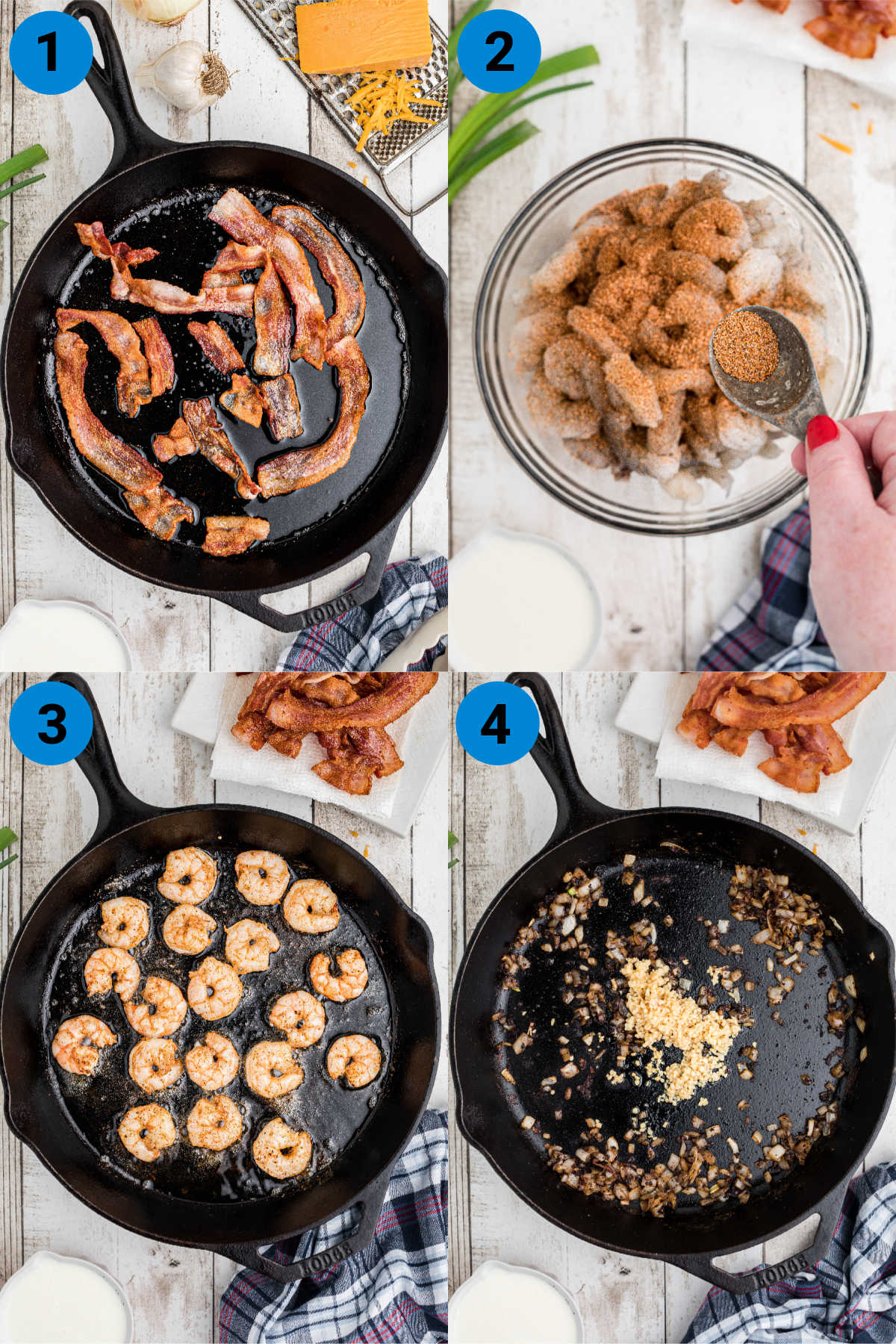 Collage of four images showing how to make Creole shrimp and grits.