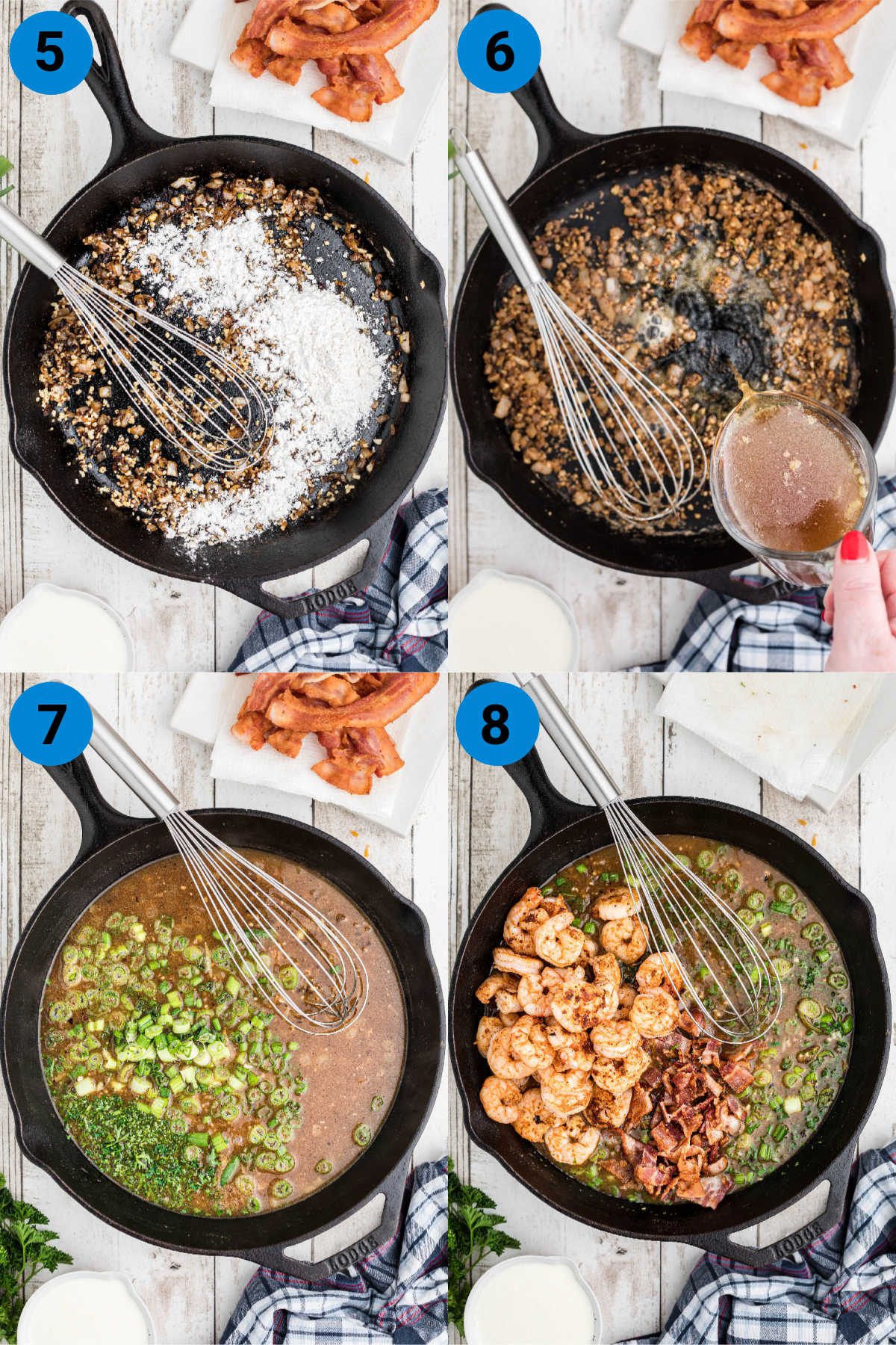 Collage of four images showing how to make cheesy shrimp and grits.