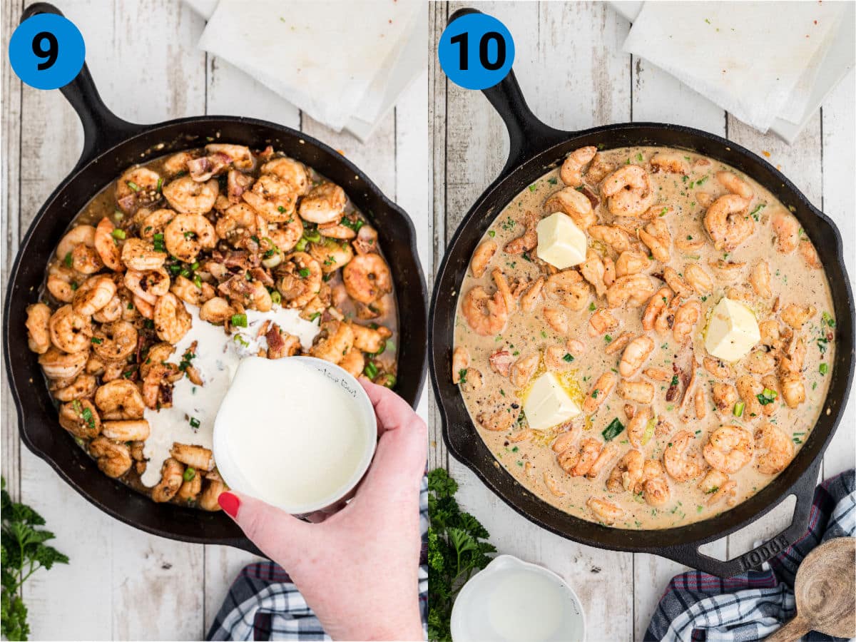 Collage of 2 images showing how to make a Creole Shrimp in cream sauce.