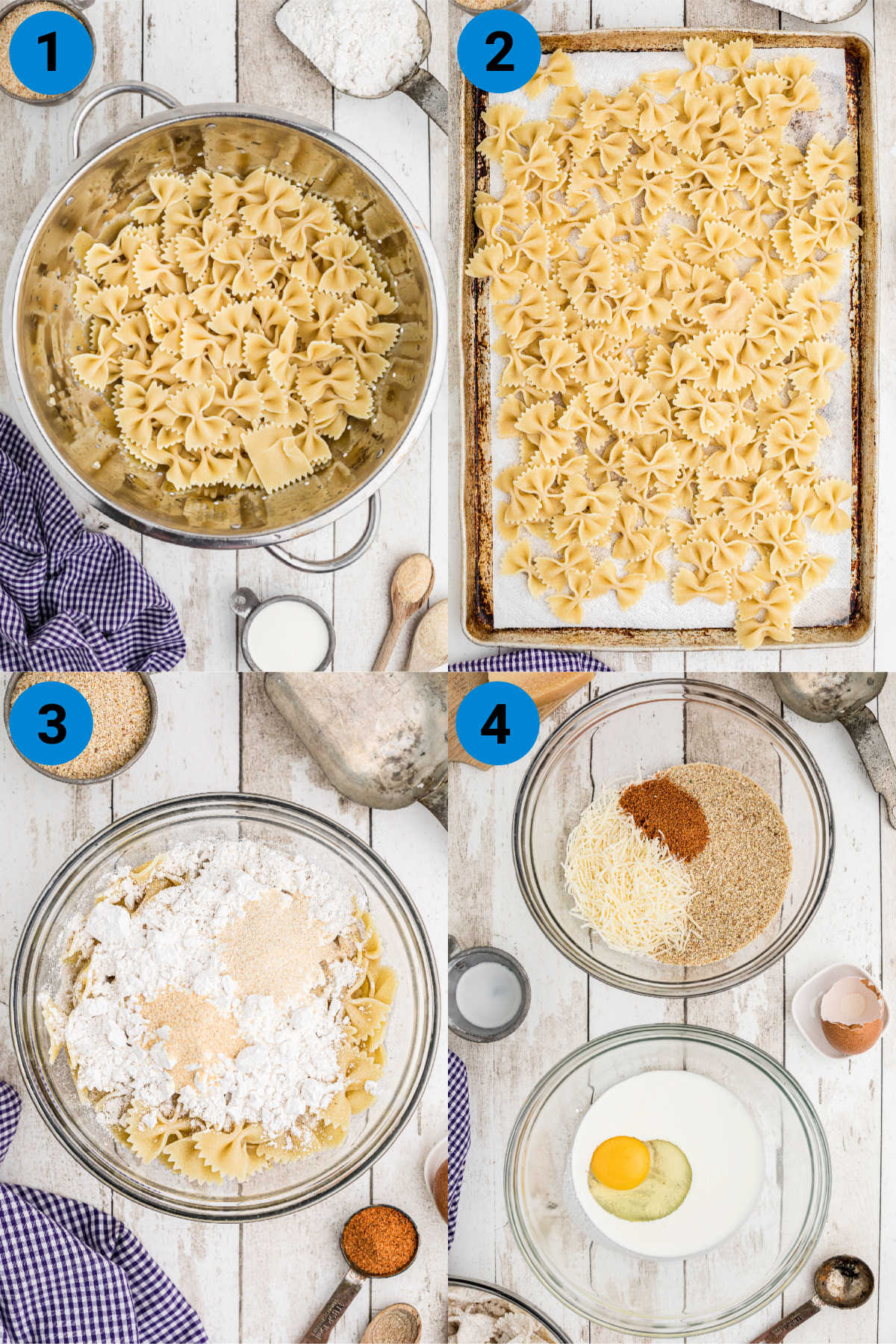 four images showing the recipe steps to make fried bowtie pasta