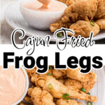 two images of fried frog legs, one is a fried frog leg being dipped into a dip the other is an overhead