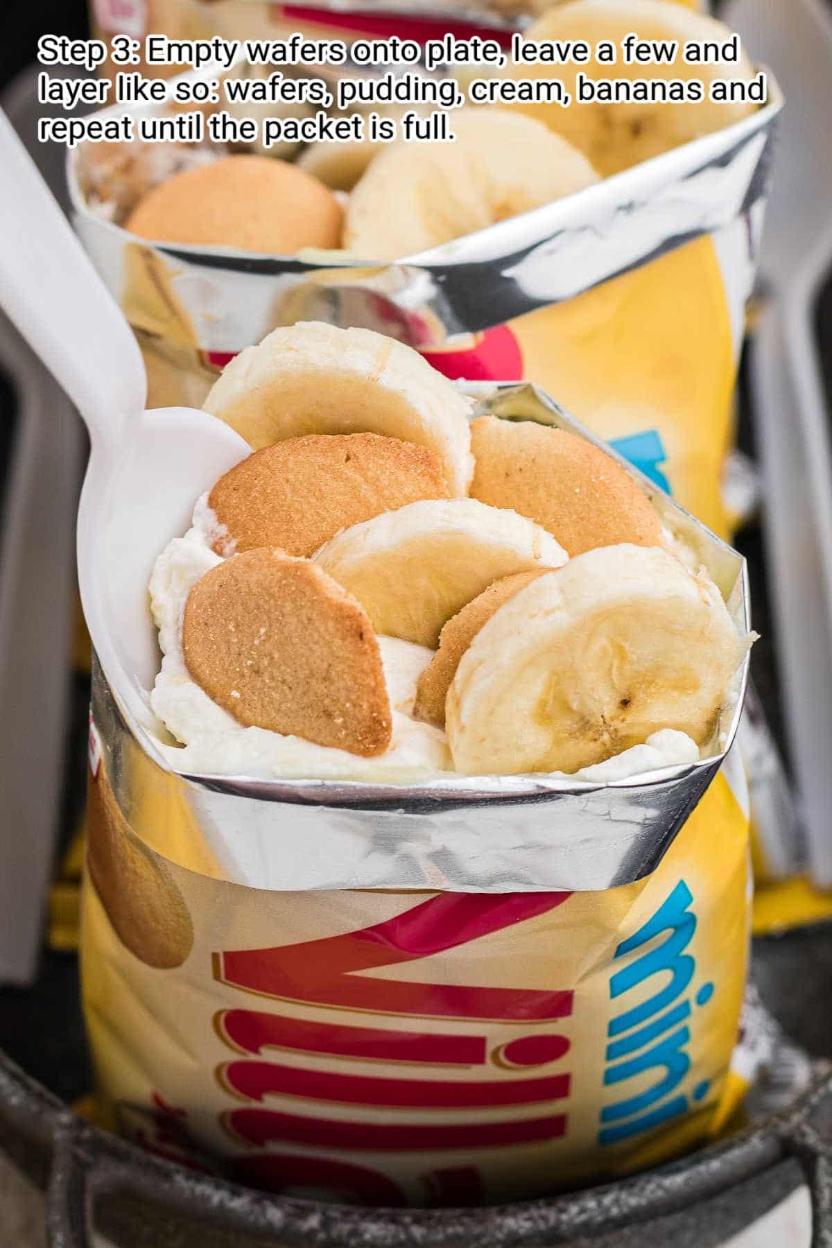 close up picture of a walking banana pudding - a bag of vanilla wafers that has been filled with bananas, cream and pudding