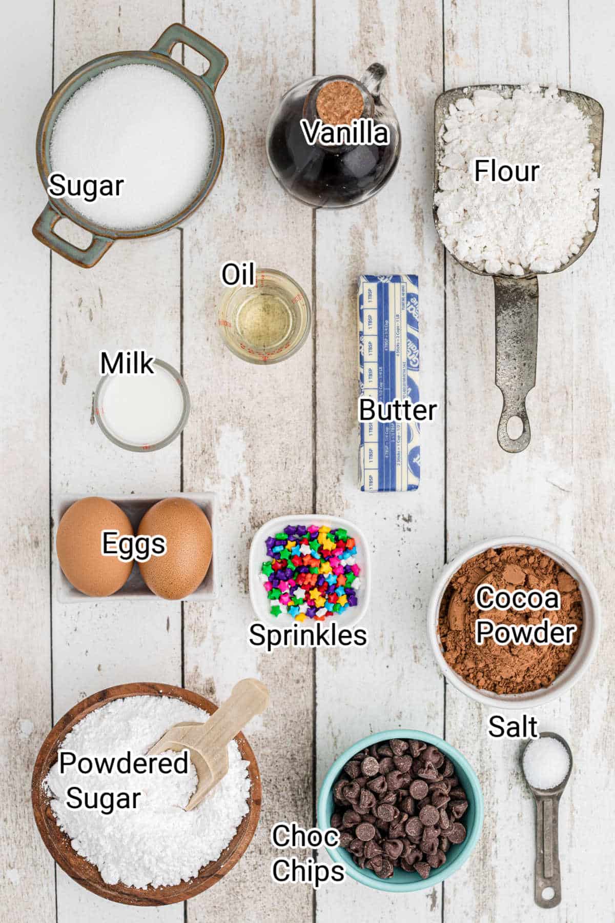 ingredients all laid out for what you'll need to make birthday brownies