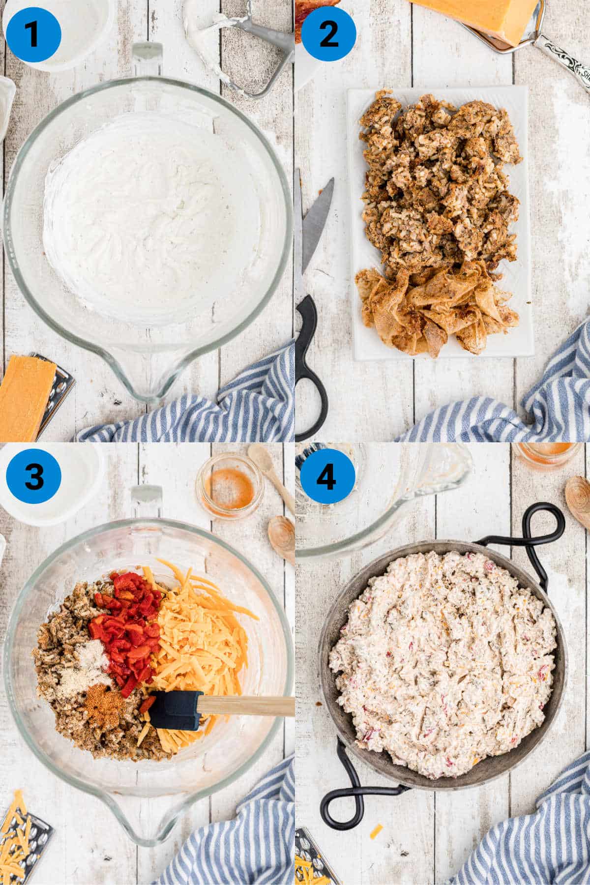 four images showing recipe steps for making a boudin dip