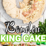 two images of a boudin king cake - one image showing how it's being made the other is the finished king cake