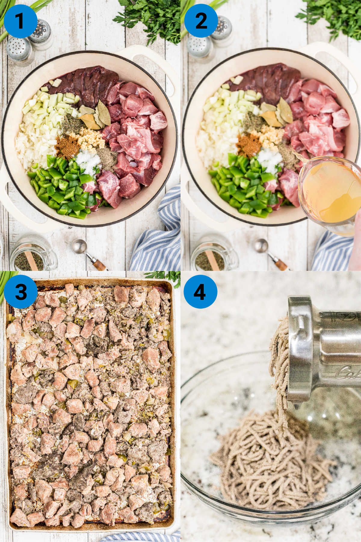 four images in a collage showing how to make homemade boudin sausage