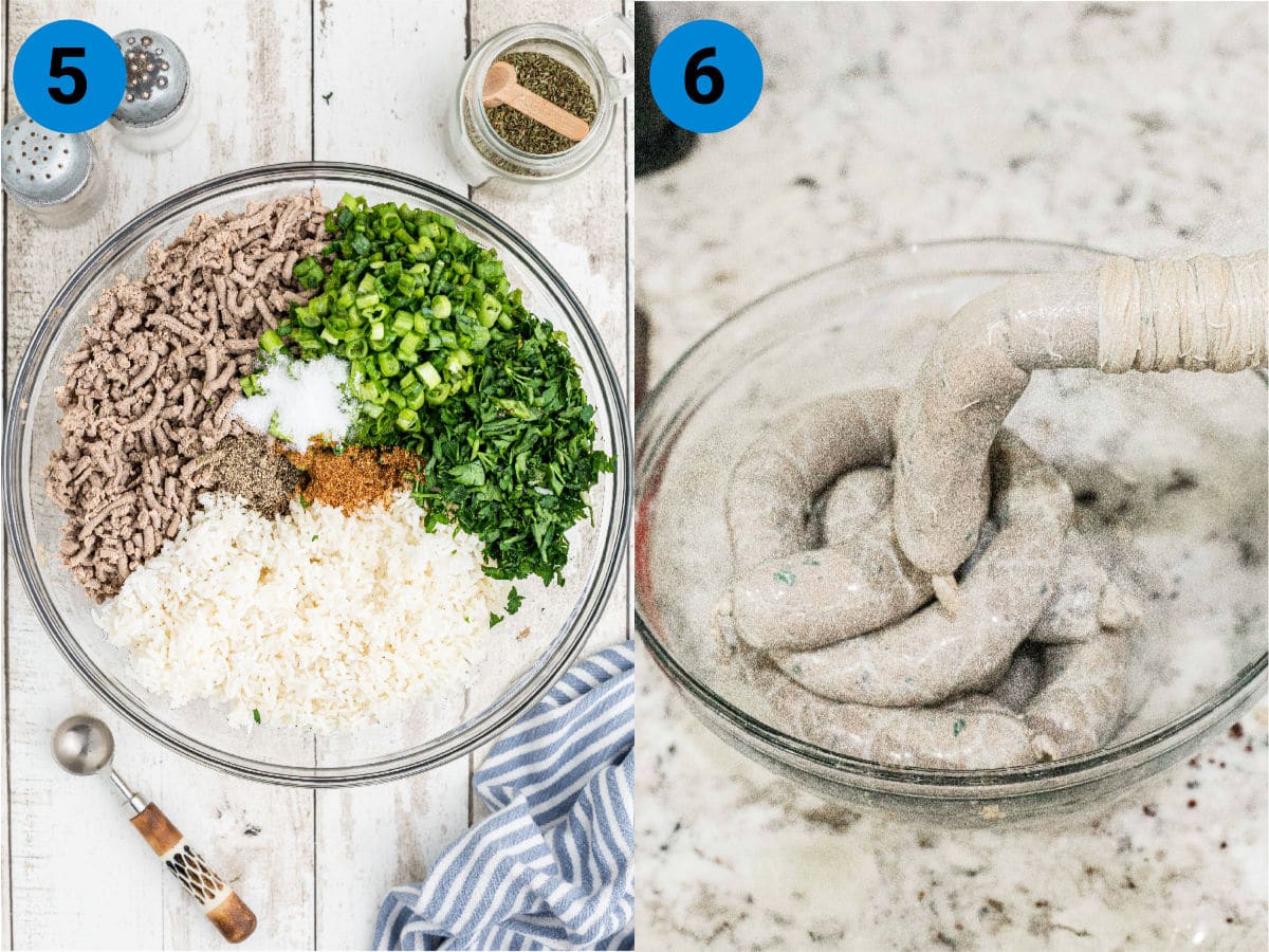 two images showing the process of how to make boudin sausage
