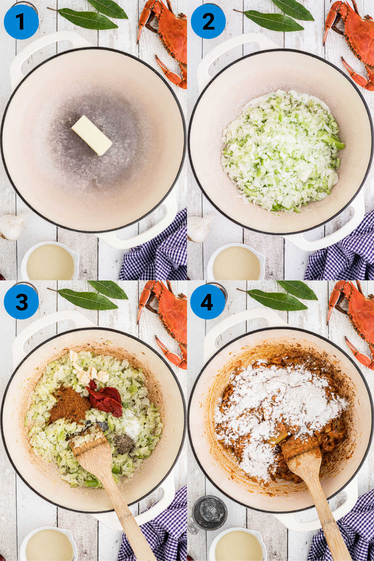 a collage of four images showing how to make crab soup, the first four steps