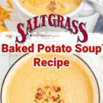 a long image with two parts a bowl of soup at the top and a large pot full of potato soup at the bottom