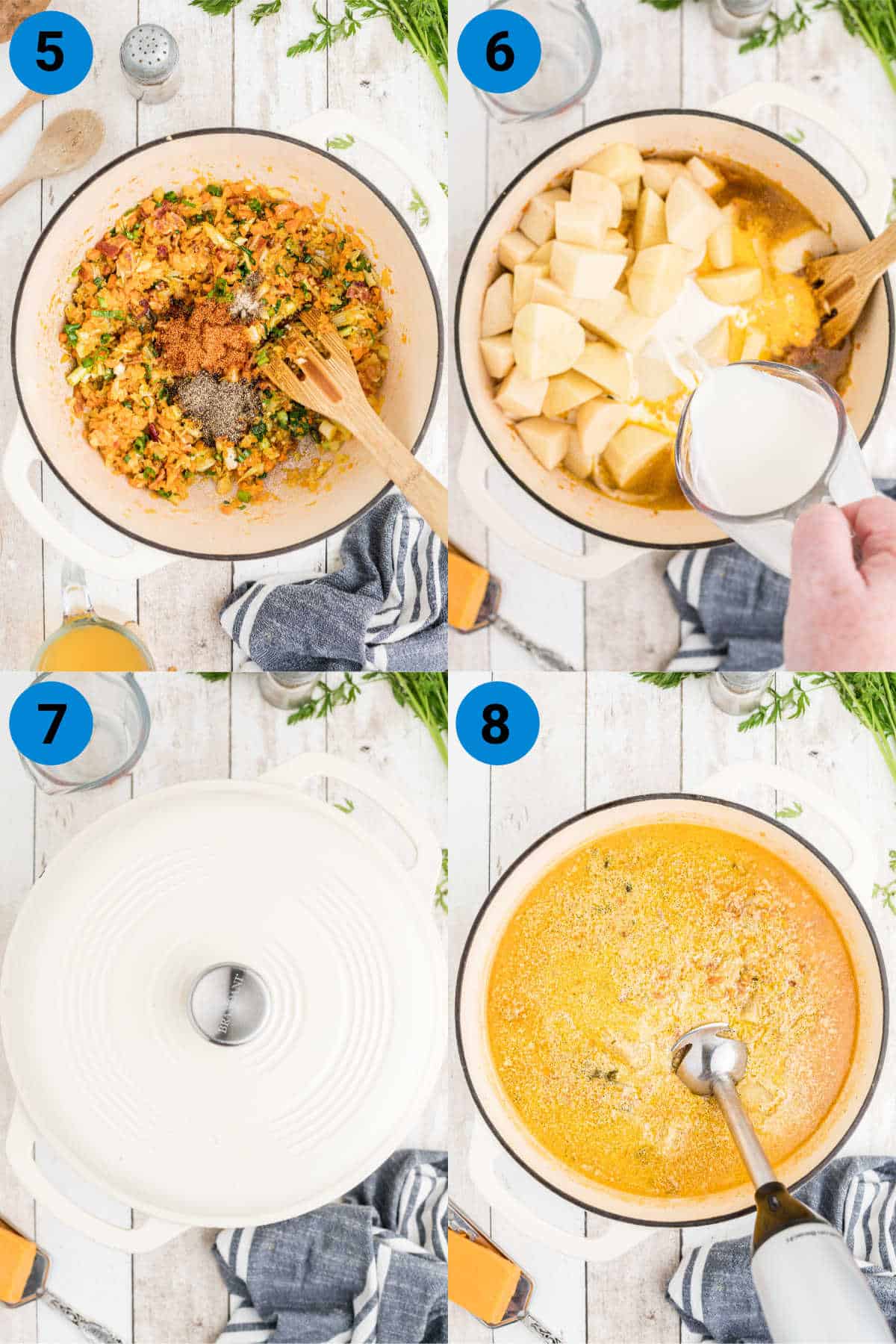 four images in a collage showing recipe steps how to make saltgrass baked potato soup recipe