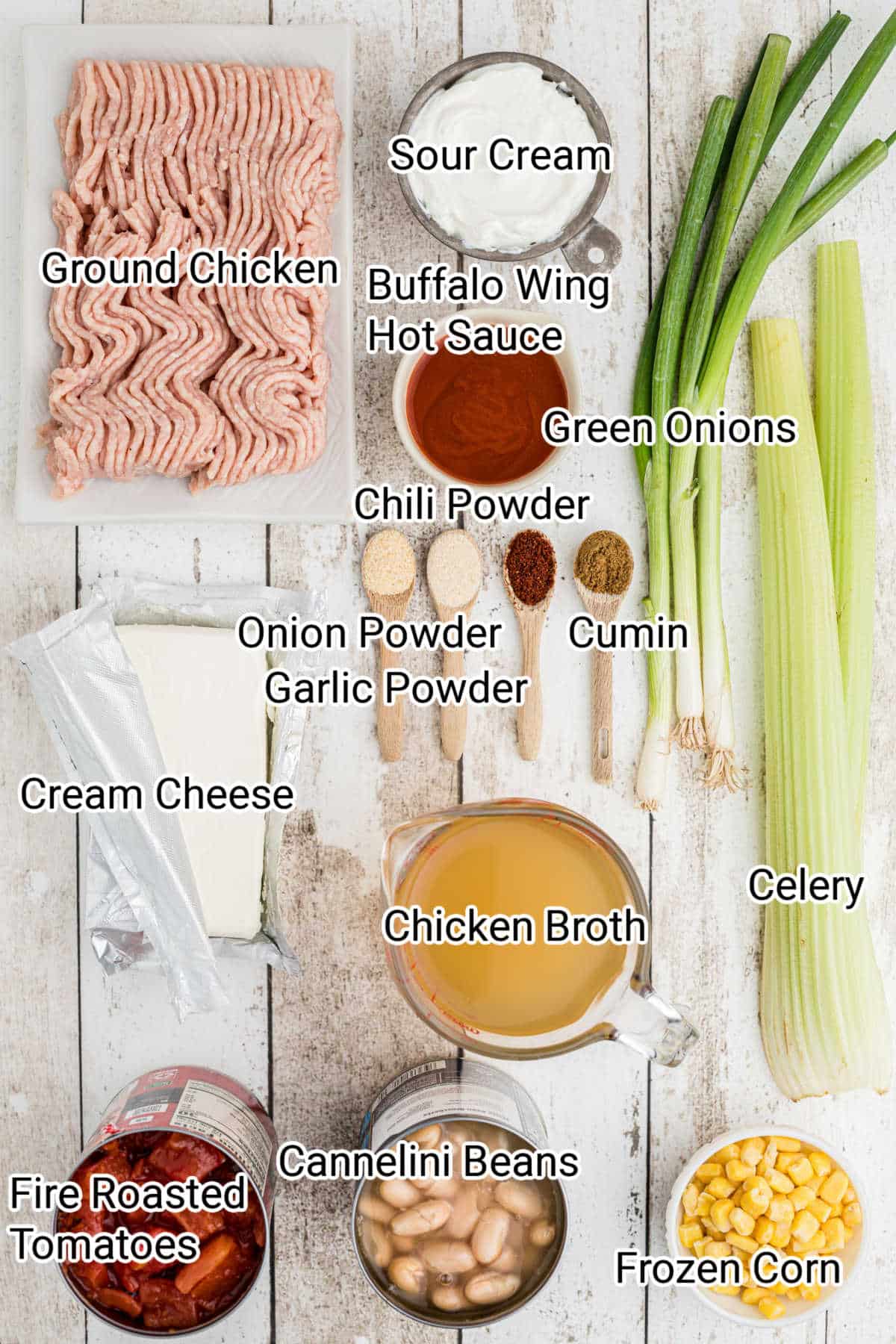 ingredients all laid out showing what's needed to make a slow cooker buffalo chicken chili