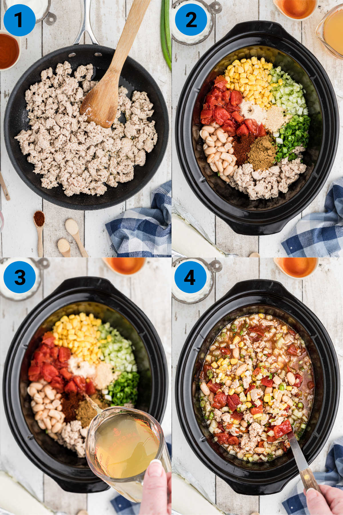 four images in a collage showing steps 1-4 of how to make a slow cooker buffalo chicken chili recipe