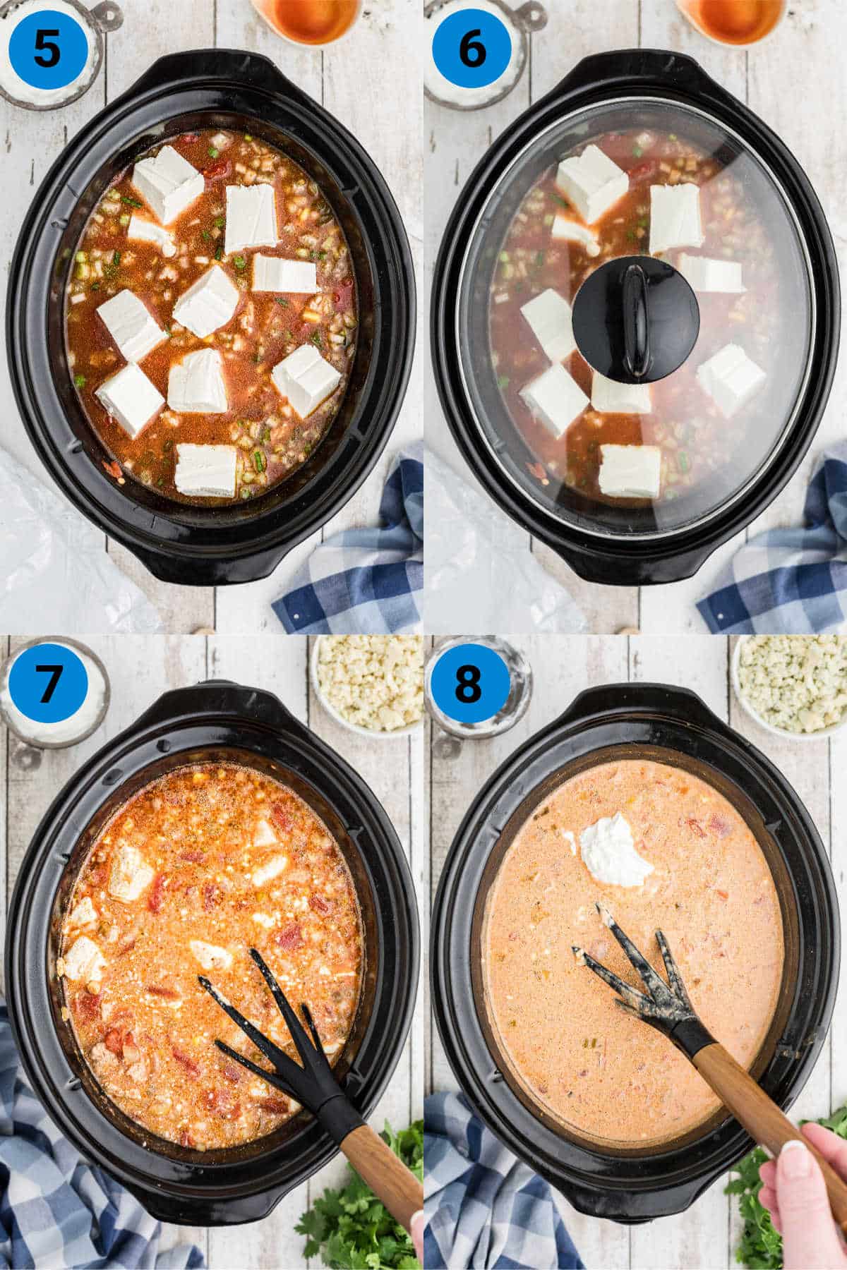 four images in a collage showing steps 5-8 of how to make a slow cooker buffalo chicken chili