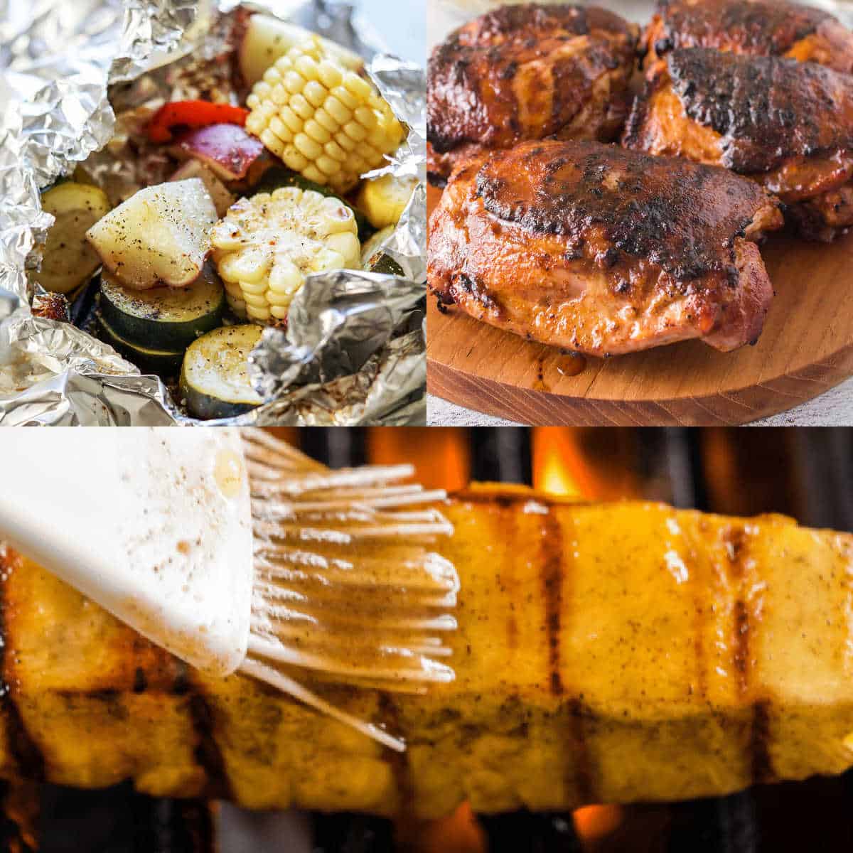 collage of 3 images showing southern grilled recipes - 1 image of grilled pineapple, another of grilled chicken and another of grilled vegetables.