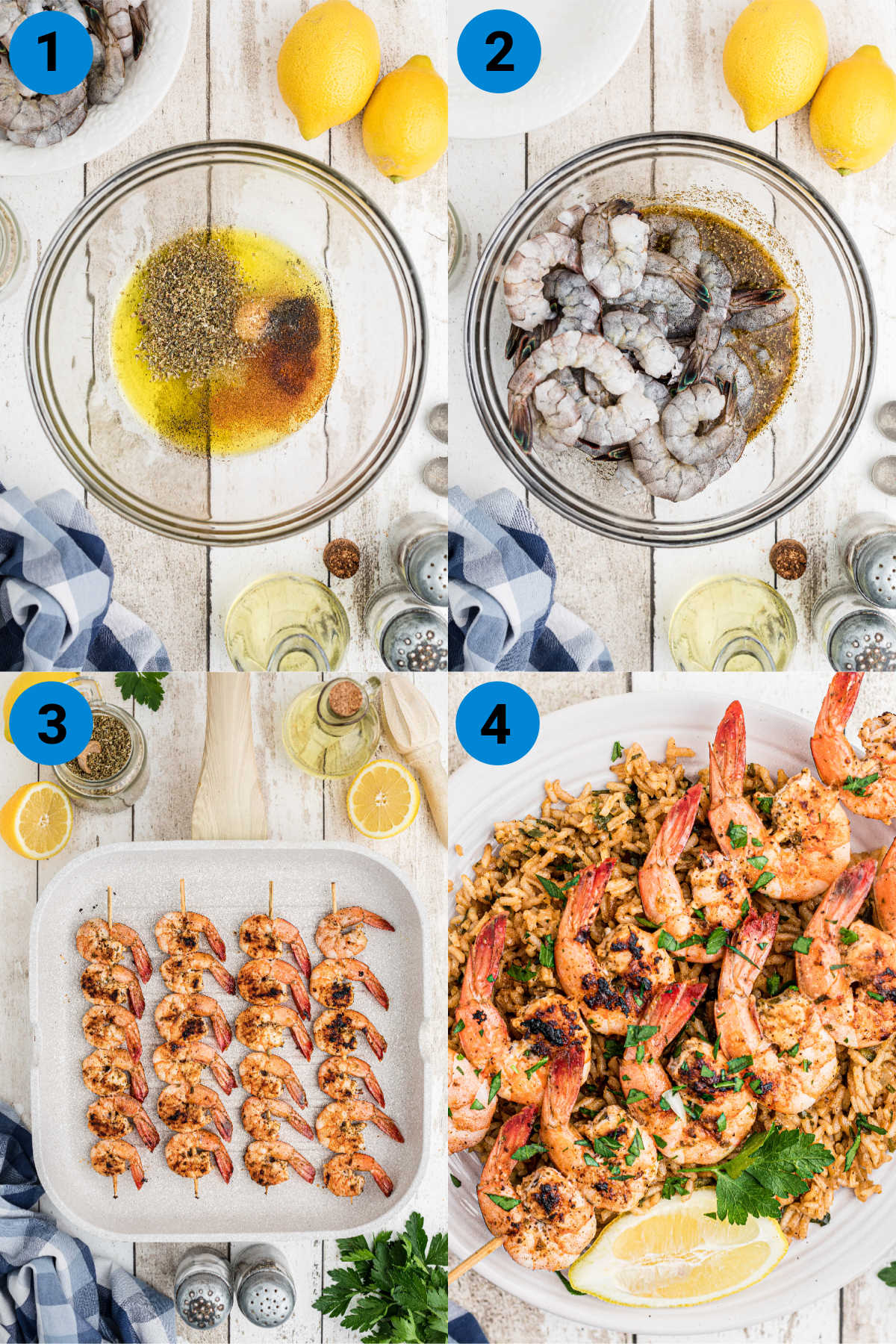 four images showing step by step how to make Texas roadhouse grilled shrimp