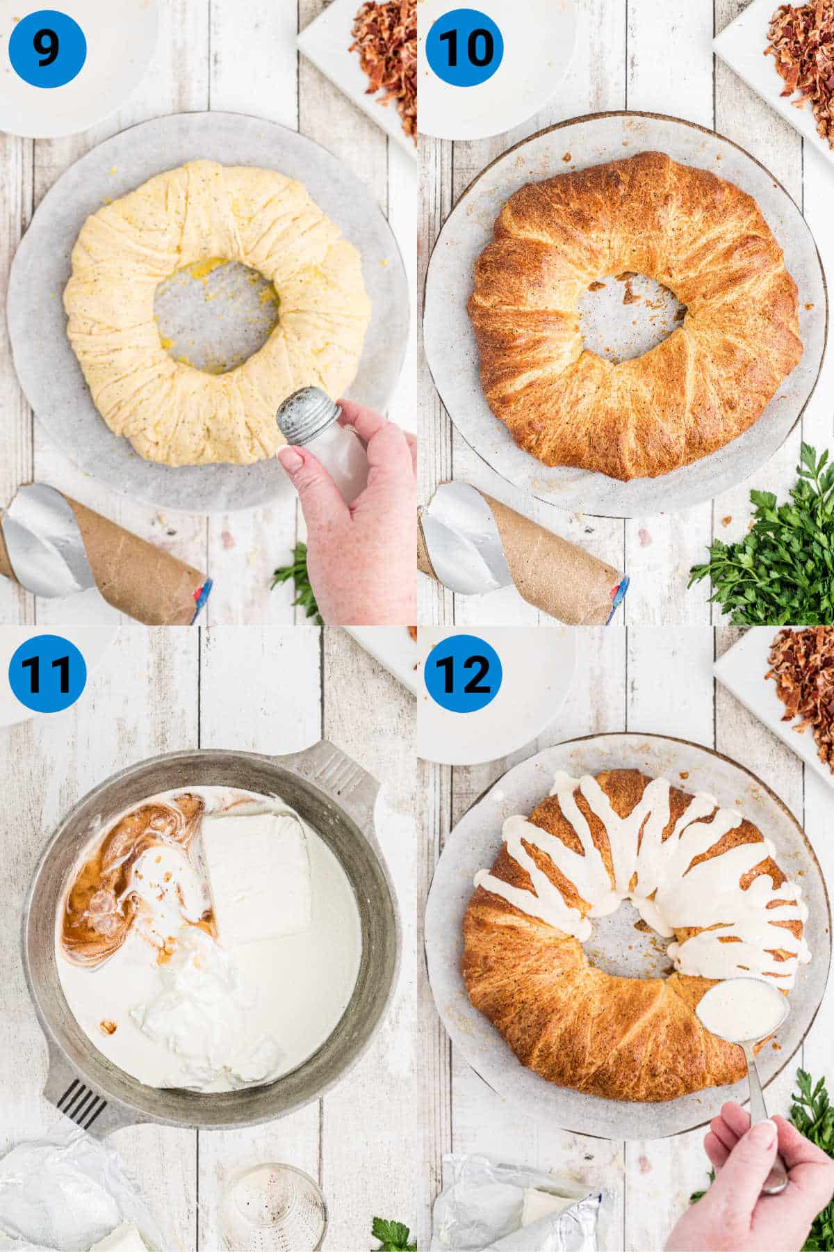 four image collage showing boudin king cake recipe steps on how to make it
