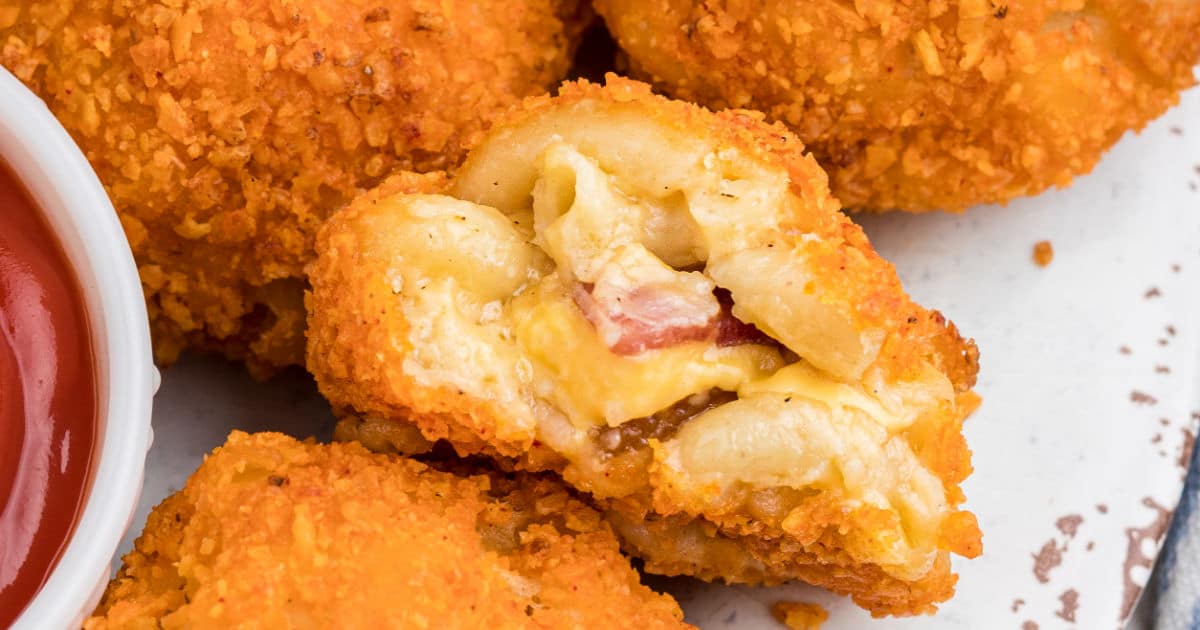 close up of the inside of mac and cheese bites.