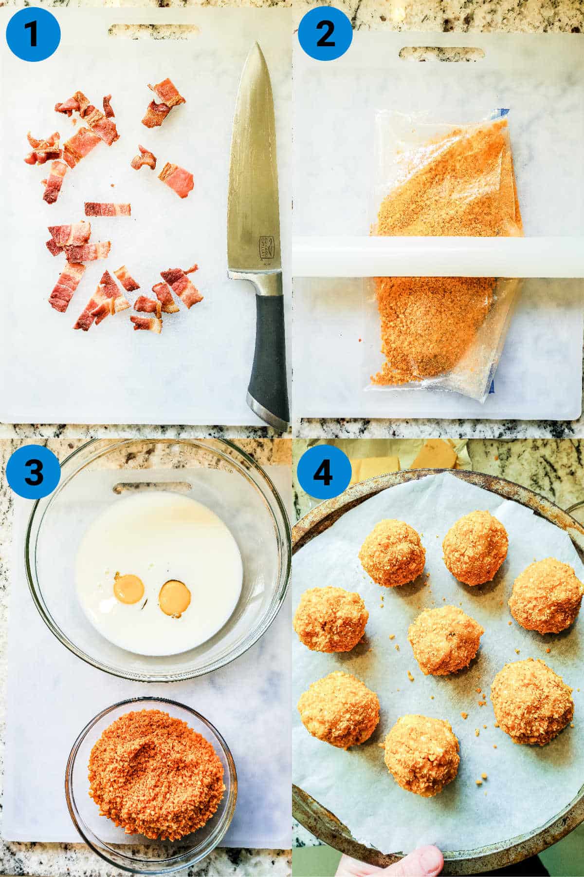 A collage of mages showing how to make air fryer mac and cheese bites.