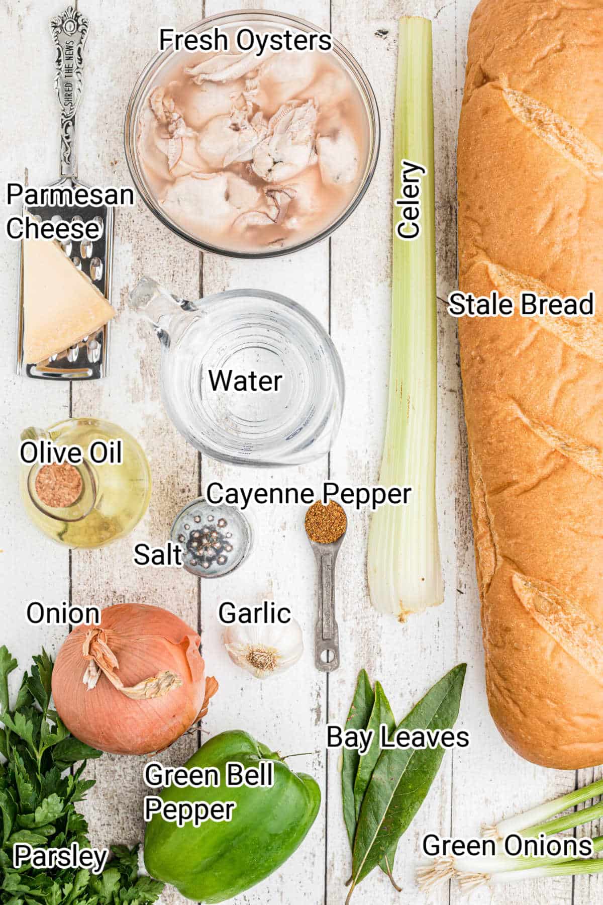 Ingredients all laid out for what would be needed to make emerils oyster dressing.