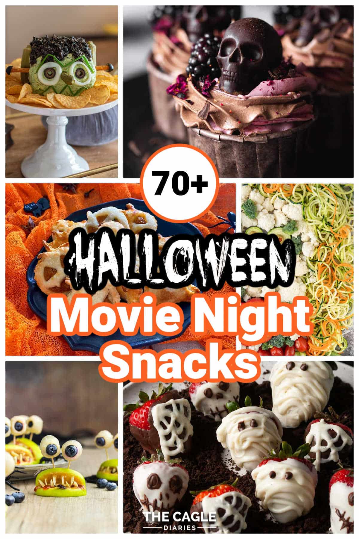 A collage of 6 images showing favorite Halloween Movie Night snacks.