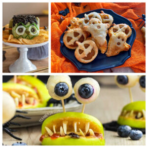 A collage of halloween movie night snacks, like sliced apples made to look like teeth.