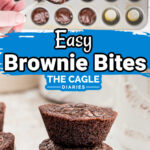 a long image with the top showing a mini cupcake tray being filled with brownie batter and underneath a stack of brownie bites