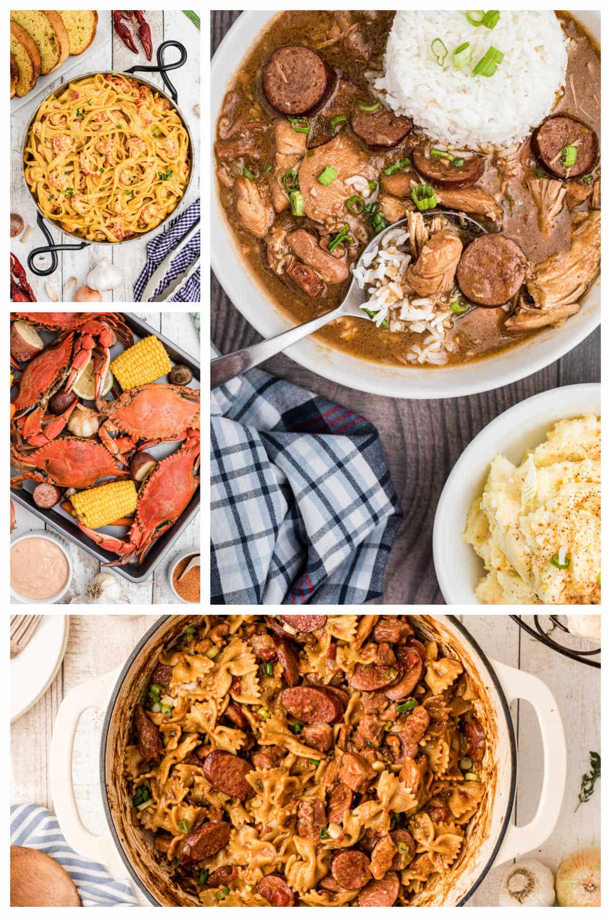 collage of four images of cajun food, pastalaya, gumbo, crabs and crawfish