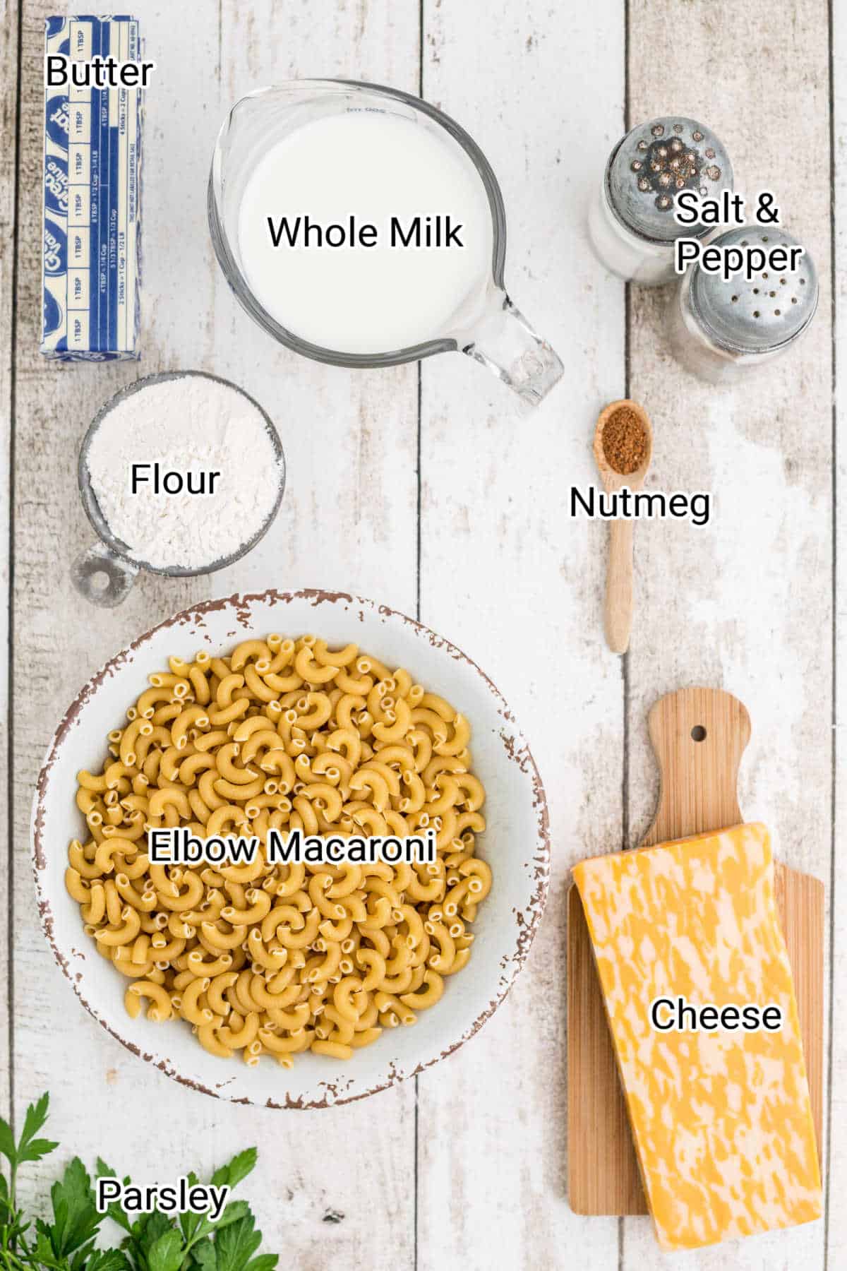 ingredients all laid out what is needed to make a cracker barrel mac and cheese recipe.